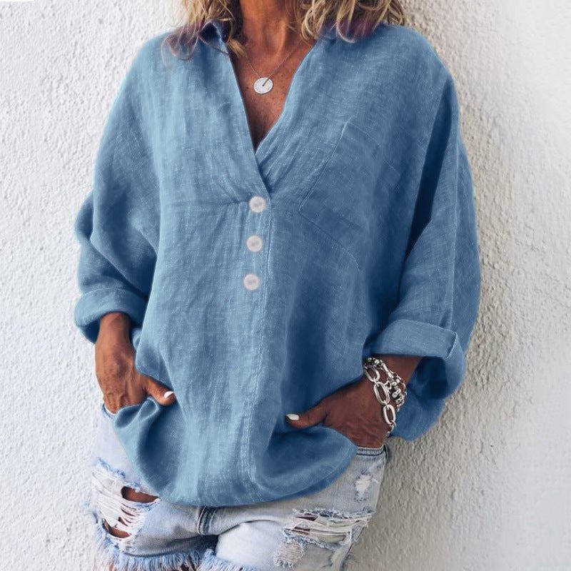 Relaxed V Neck Button Down Long Sleeve Linen Blouse