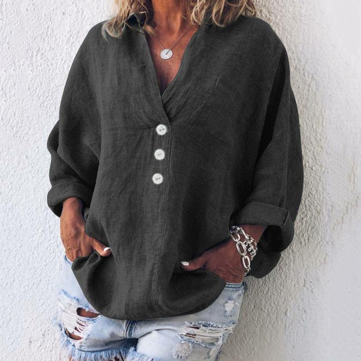 Relaxed V Neck Button Down Long Sleeve Linen Blouse