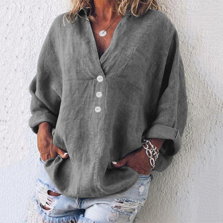 Relaxed V Neck Button Down Long Sleeve Linen Blouse