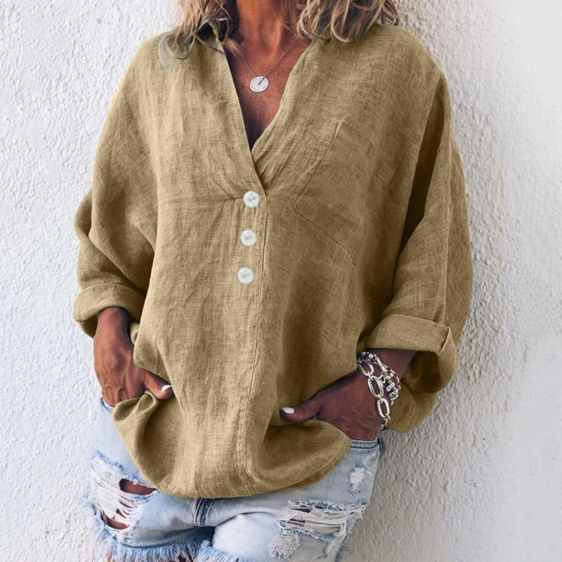 Relaxed V Neck Button Down Long Sleeve Linen Blouse