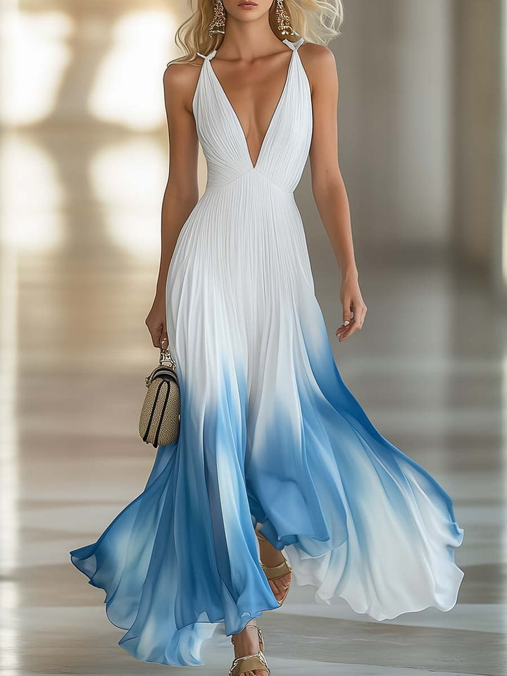 Ombre Gradient Deep V-Neck Pleated Flowy Maxi Dress - Formal Evening Gown