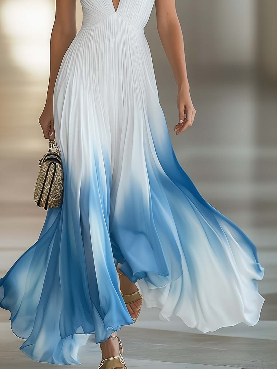Ombre Gradient Deep V-Neck Pleated Flowy Maxi Dress - Formal Evening Gown