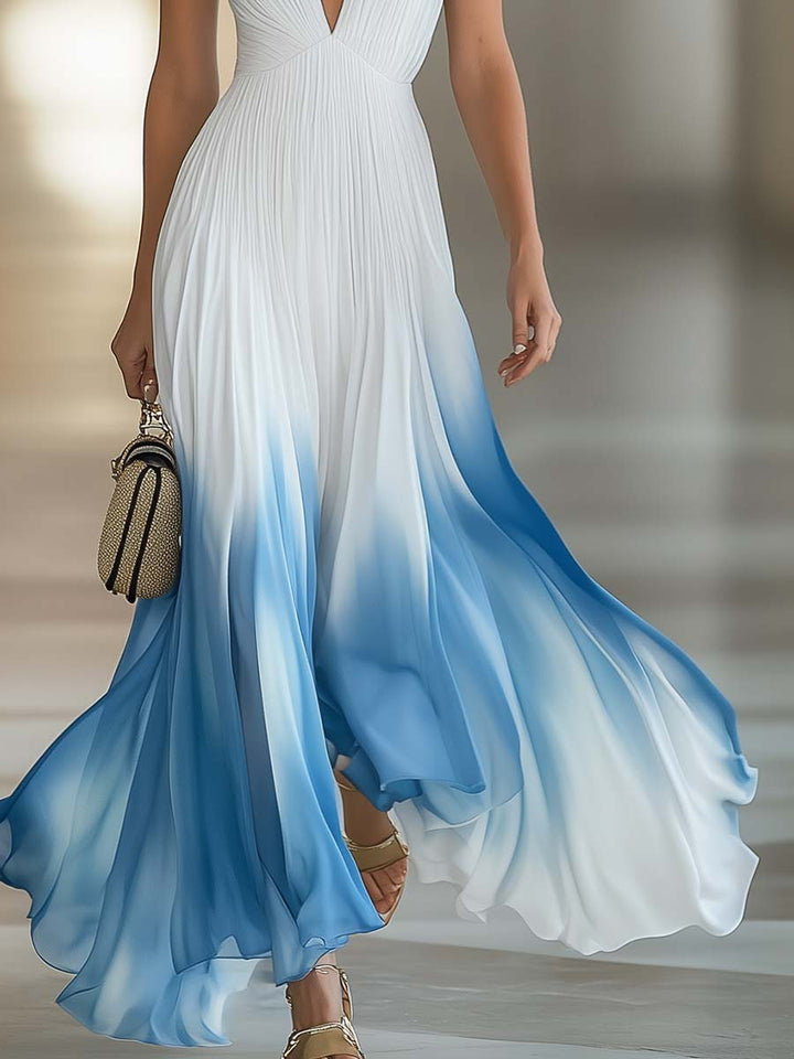 Ombre Gradient Deep V-Neck Pleated Flowy Maxi Dress - Formal Evening Gown