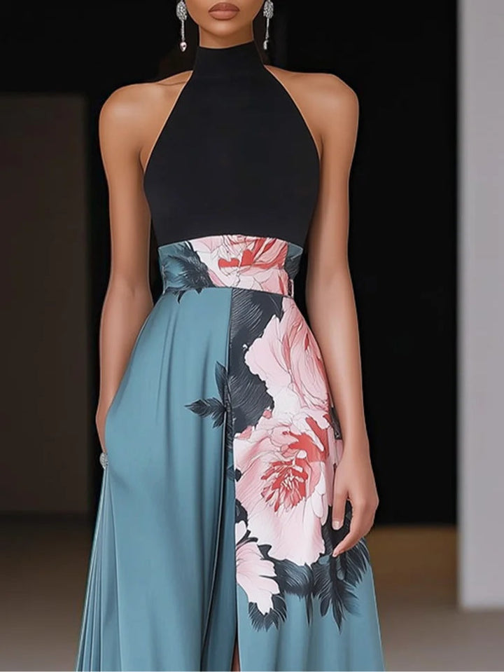 Floral Halter Neck Maxi Dress - Formal Evening Gown