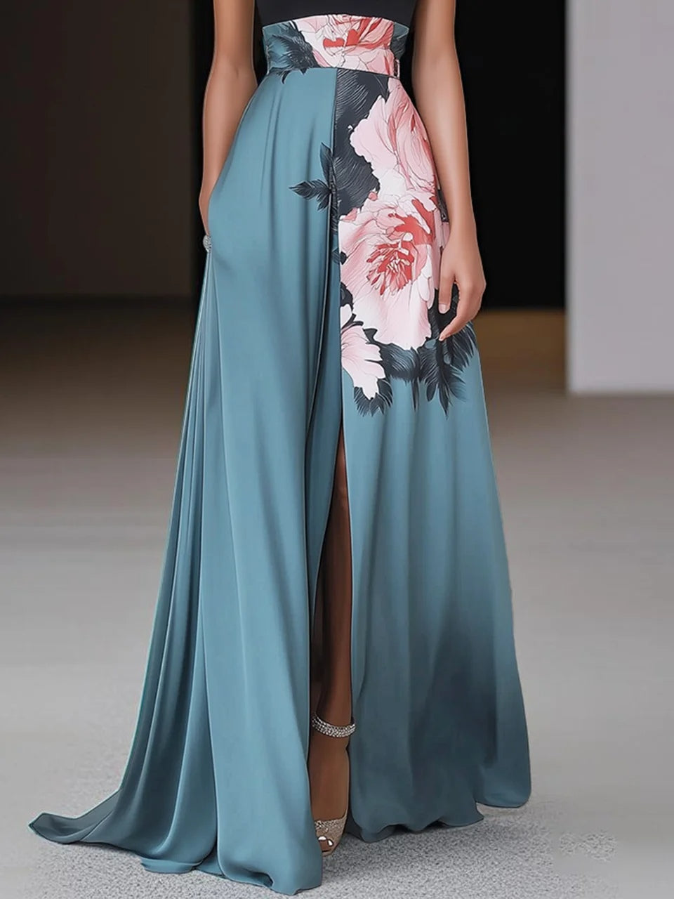 Floral Halter Neck Maxi Dress - Formal Evening Gown