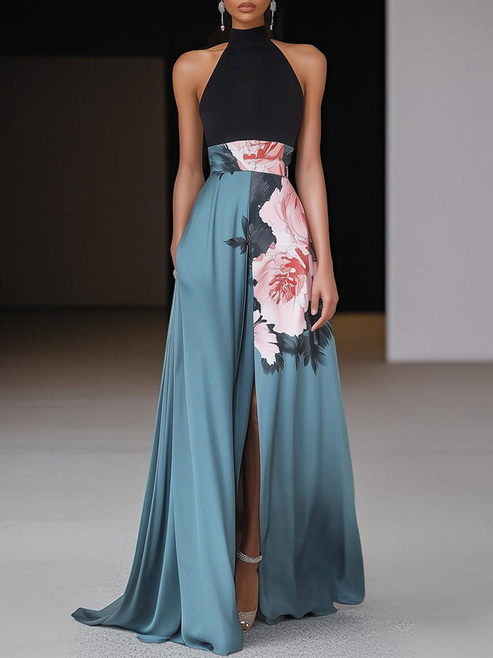Floral Halter Neck Maxi Dress - Formal Evening Gown