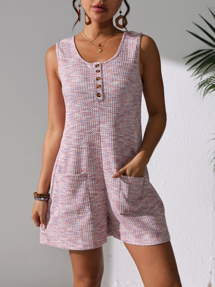 Waffle Knit Scoop Neck Button Front Sleeveless Short Romper