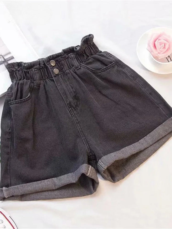 Paperbag Waist Cuffed High Waist Denim Shorts
