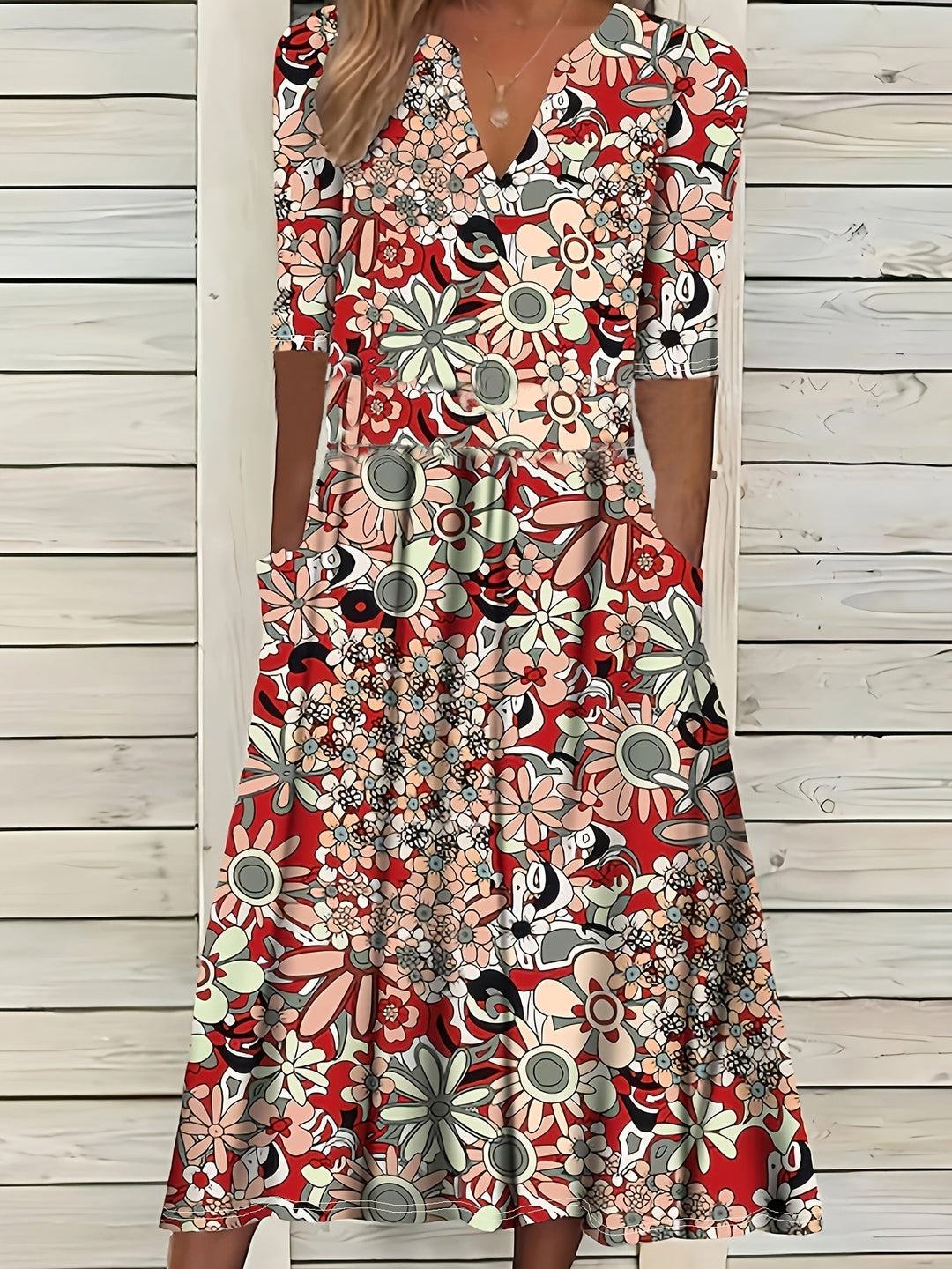 Gabi™-Elegant Floral Print V-Neck Midi Dress