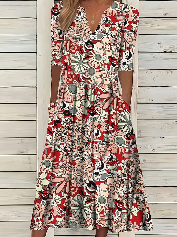 Gabi™-Elegant Floral Print V-Neck Midi Dress