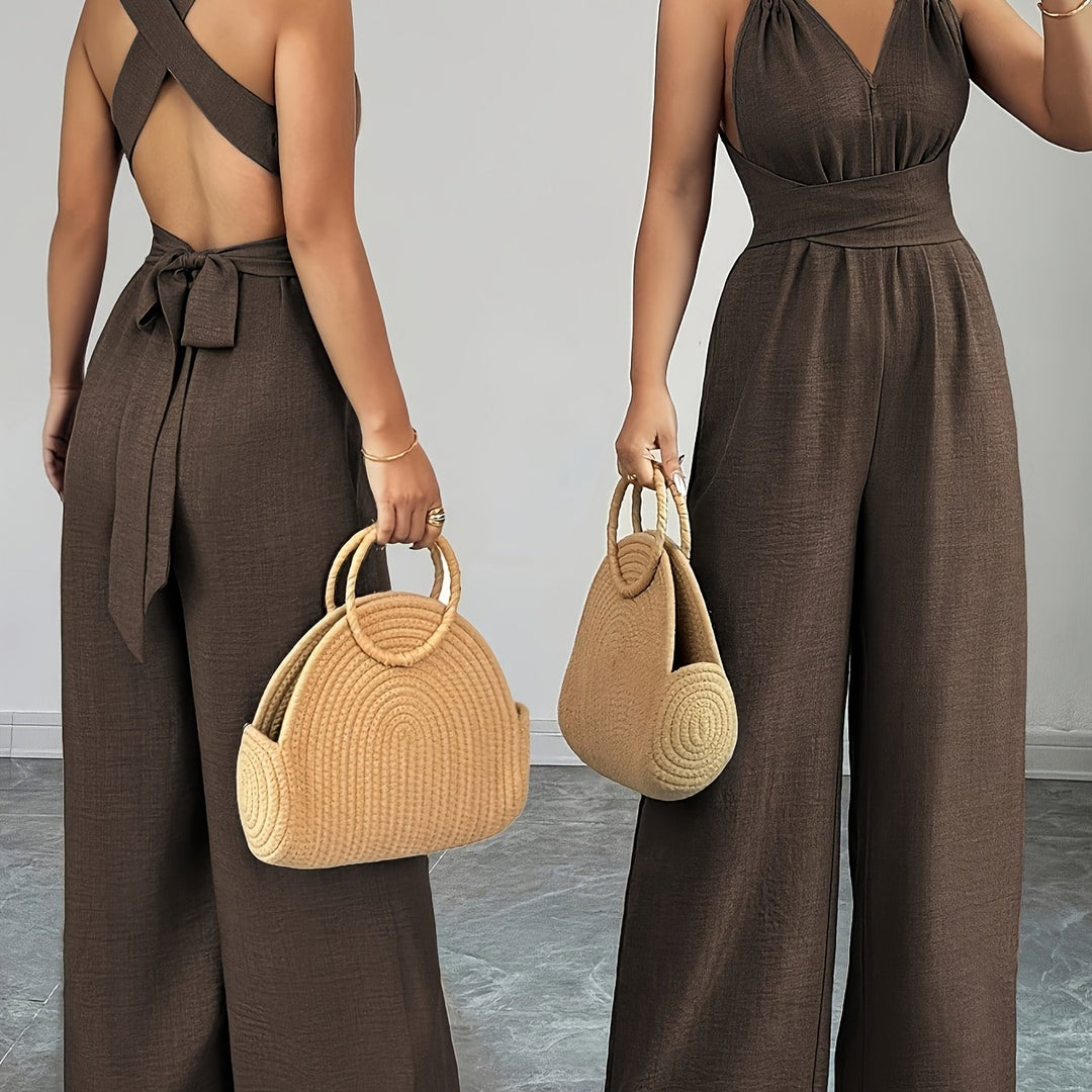 Linen Halter V Neck Ruched Wide Leg Elegant Jumpsuit