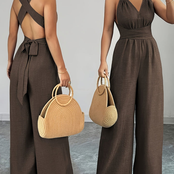 Linen Halter V Neck Ruched Wide Leg Elegant Jumpsuit