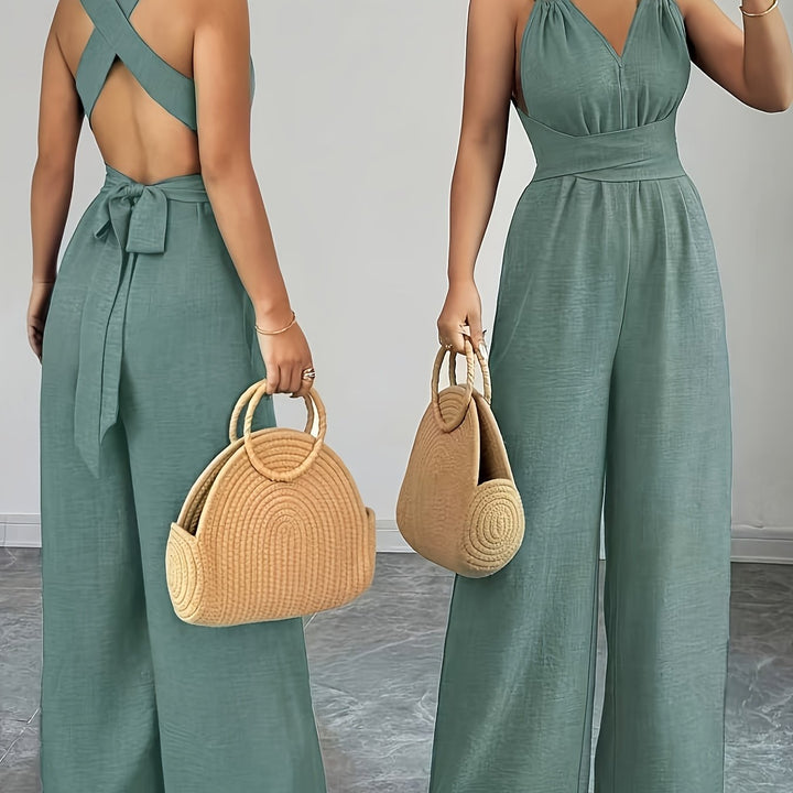 Linen Halter V Neck Ruched Wide Leg Elegant Jumpsuit
