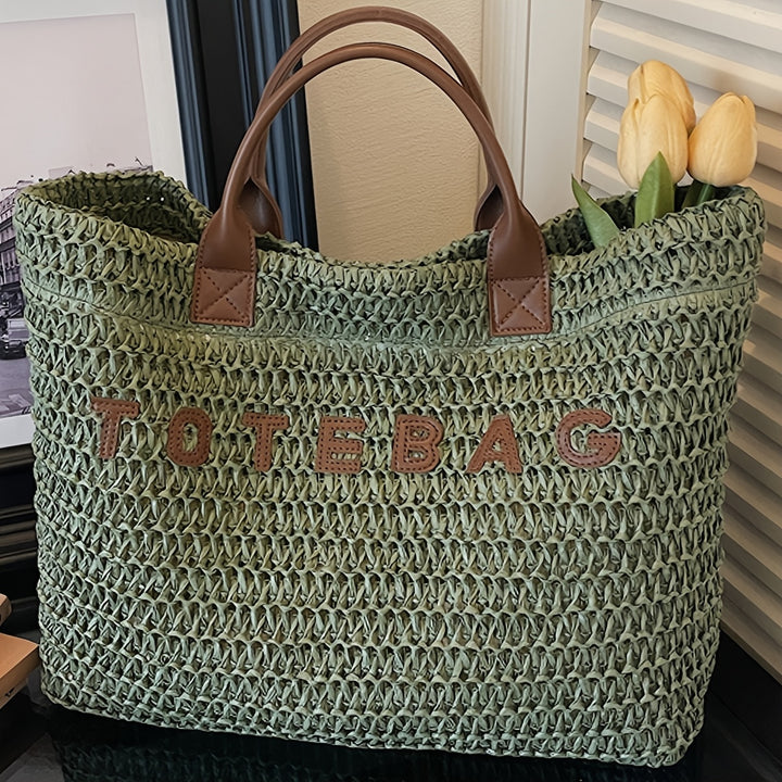 Large Woven Tote Bag with Leather Handles