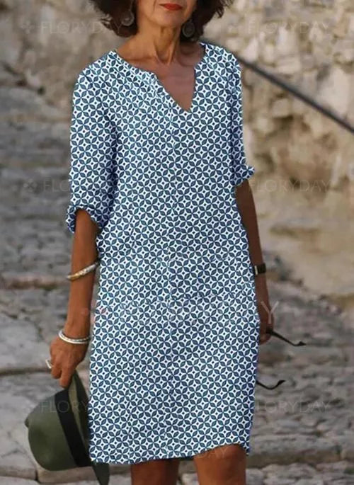 Geometric Print Notch Neck 3/4 Sleeve Casual Midi Dress