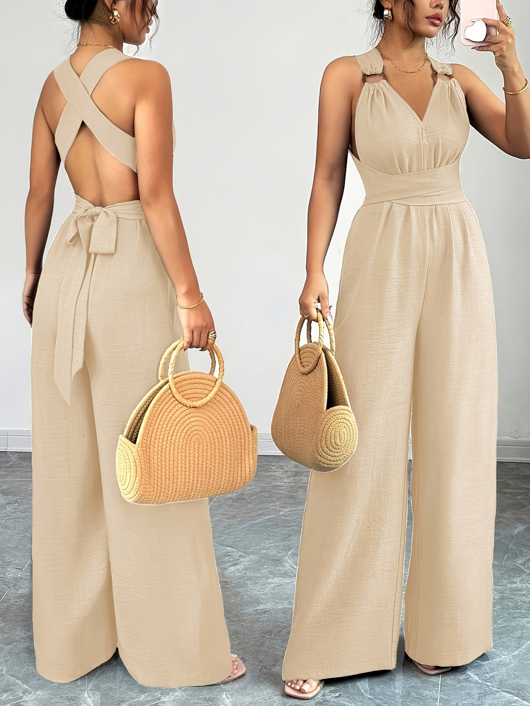 Linen Halter V Neck Ruched Wide Leg Elegant Jumpsuit