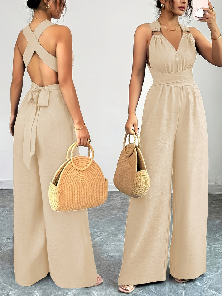 Linen Halter V Neck Ruched Wide Leg Elegant Jumpsuit
