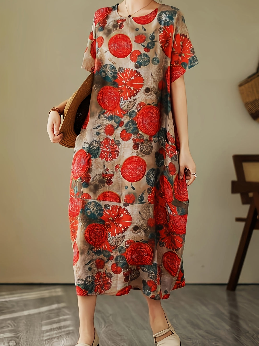 Vintage Botanical Print Crew Neck Short Sleeve Loose Linen Maxi Dress