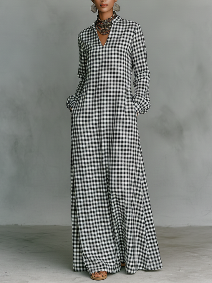 Gingham Check V Neck Long Sleeve Casual Maxi Dress