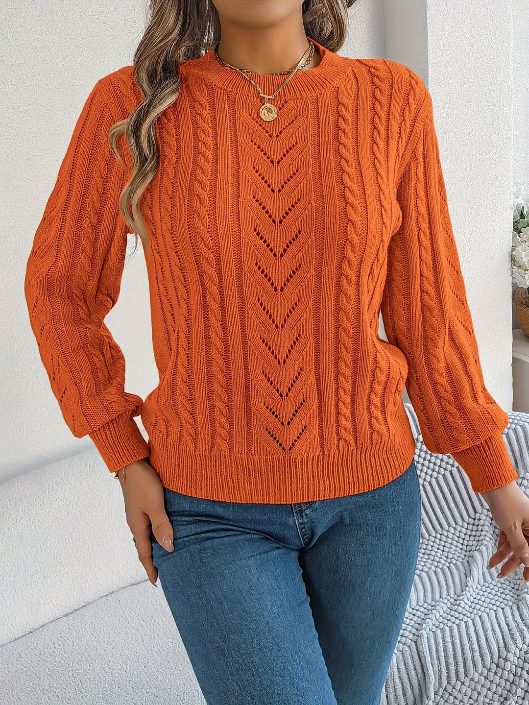 Rosamund | Women's Textured Crew Neck Pointelle Cable Knit Sweater