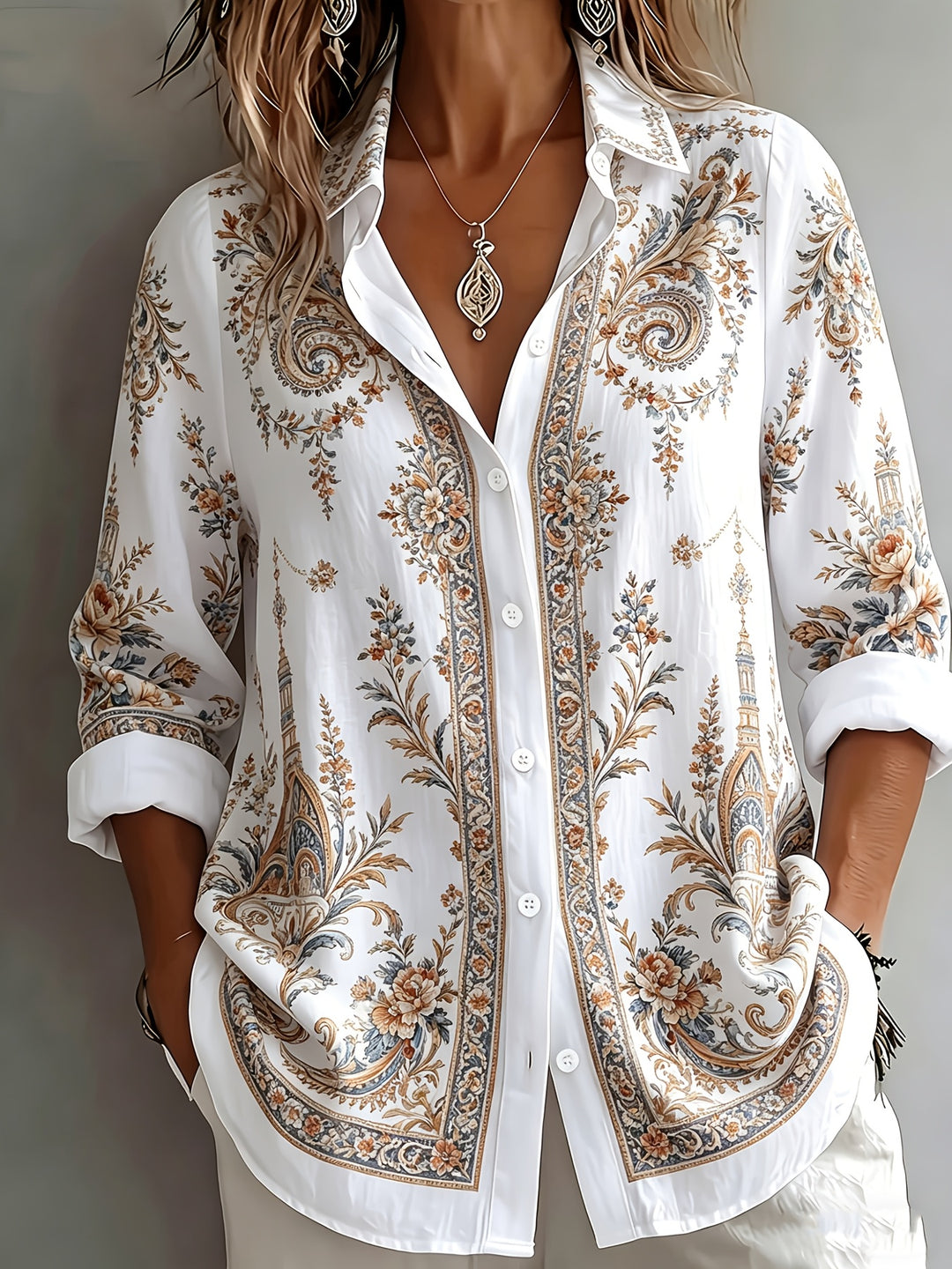 Floral Paisley Print Long Sleeve Oversized Casual Blouse