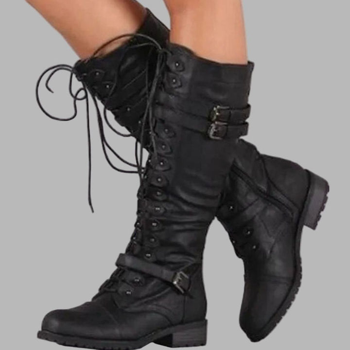 Linnet | Women’s Buckle Knee High Combat Boots