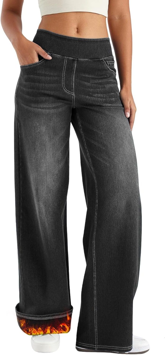 Zaria | Women's Fleece-Lined Wide-Leg High-Waist Pull-On Jeans