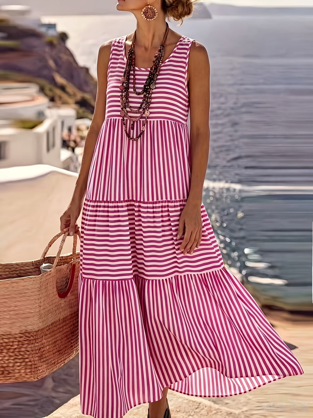 Striped Sleeveless Tiered Sundress for Vacation Style