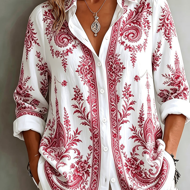 Floral Paisley Print Long Sleeve Oversized Casual Blouse