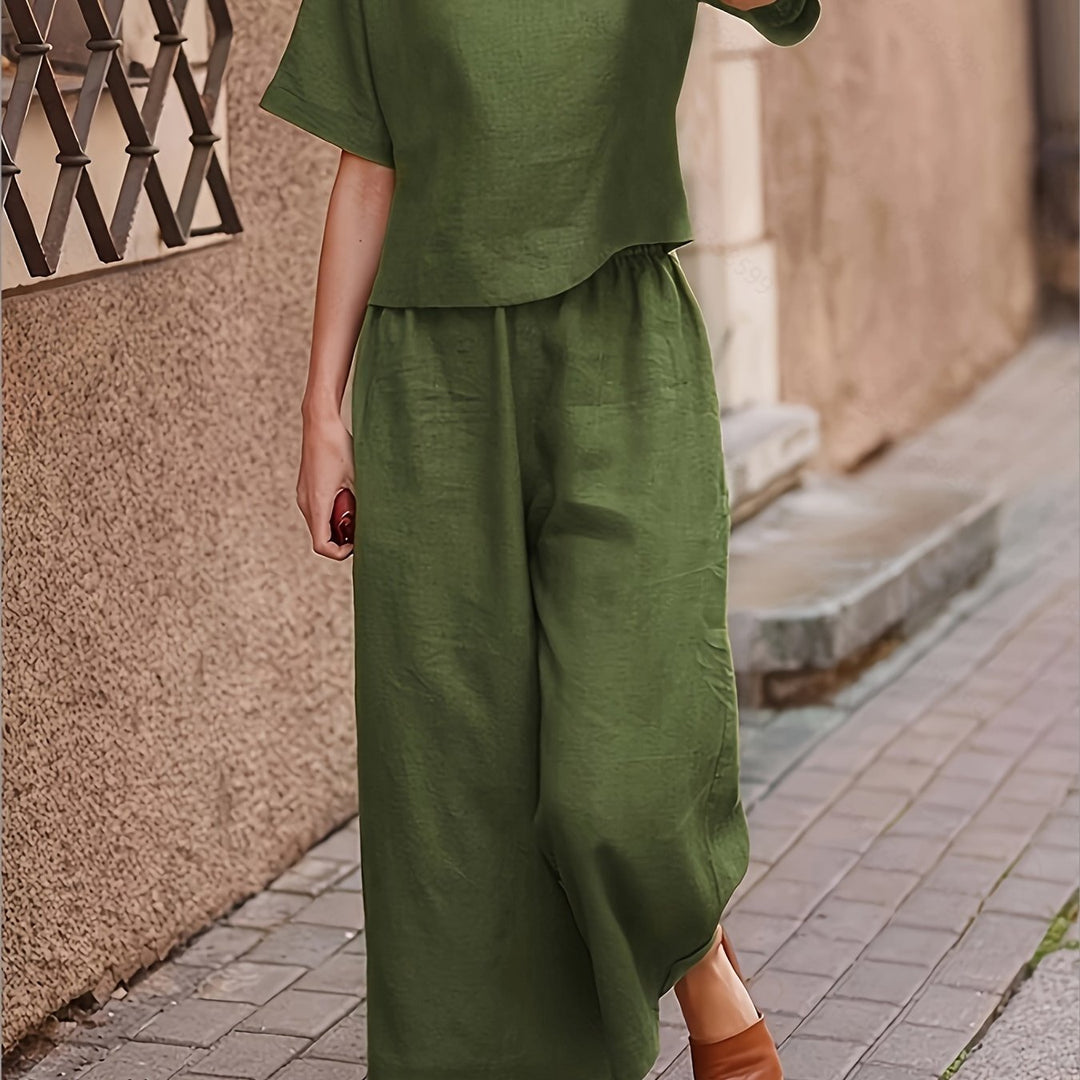 Linen Crew Neck Short Sleeve Top and Wide Leg Pants Set