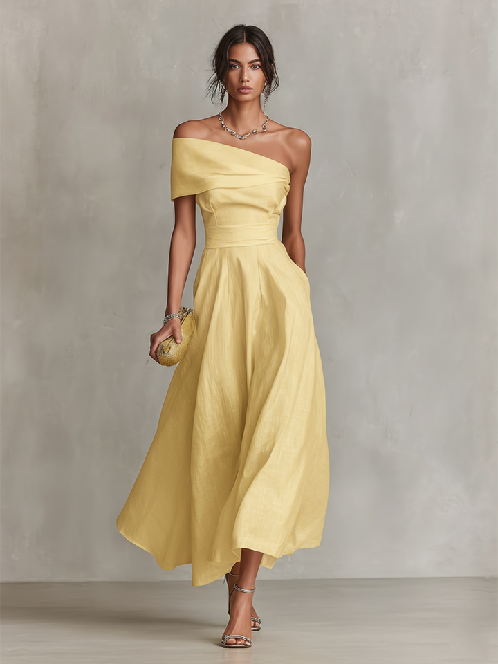 Ruched One Shoulder A Line Midi Dress - Wedding Guest
