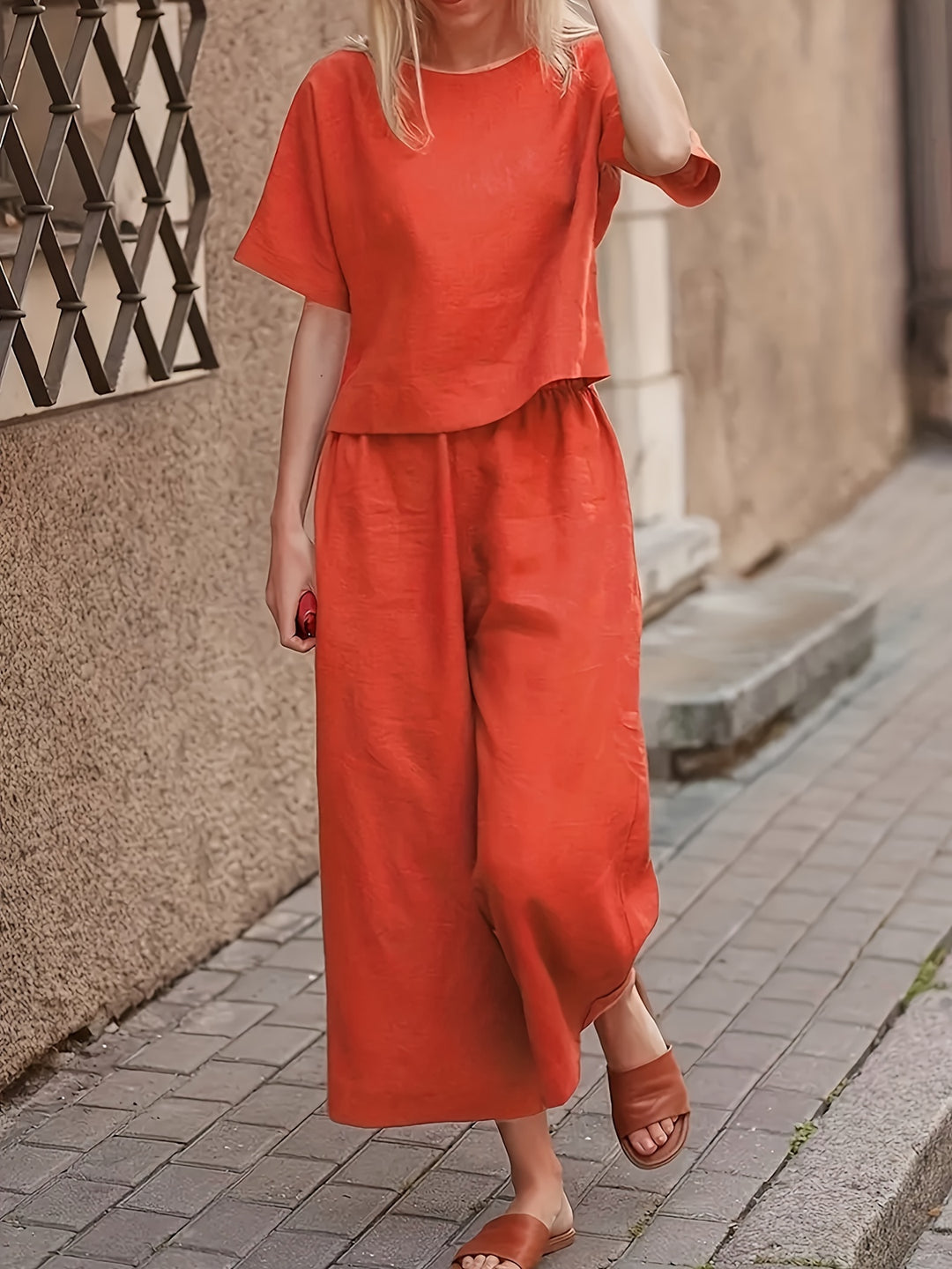 Linen Crew Neck Short Sleeve Top and Wide Leg Pants Set