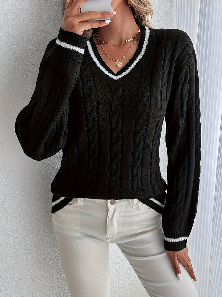 Cordelia | Women's Oversized V-Neck Striped Trim Cable Knit Sweater