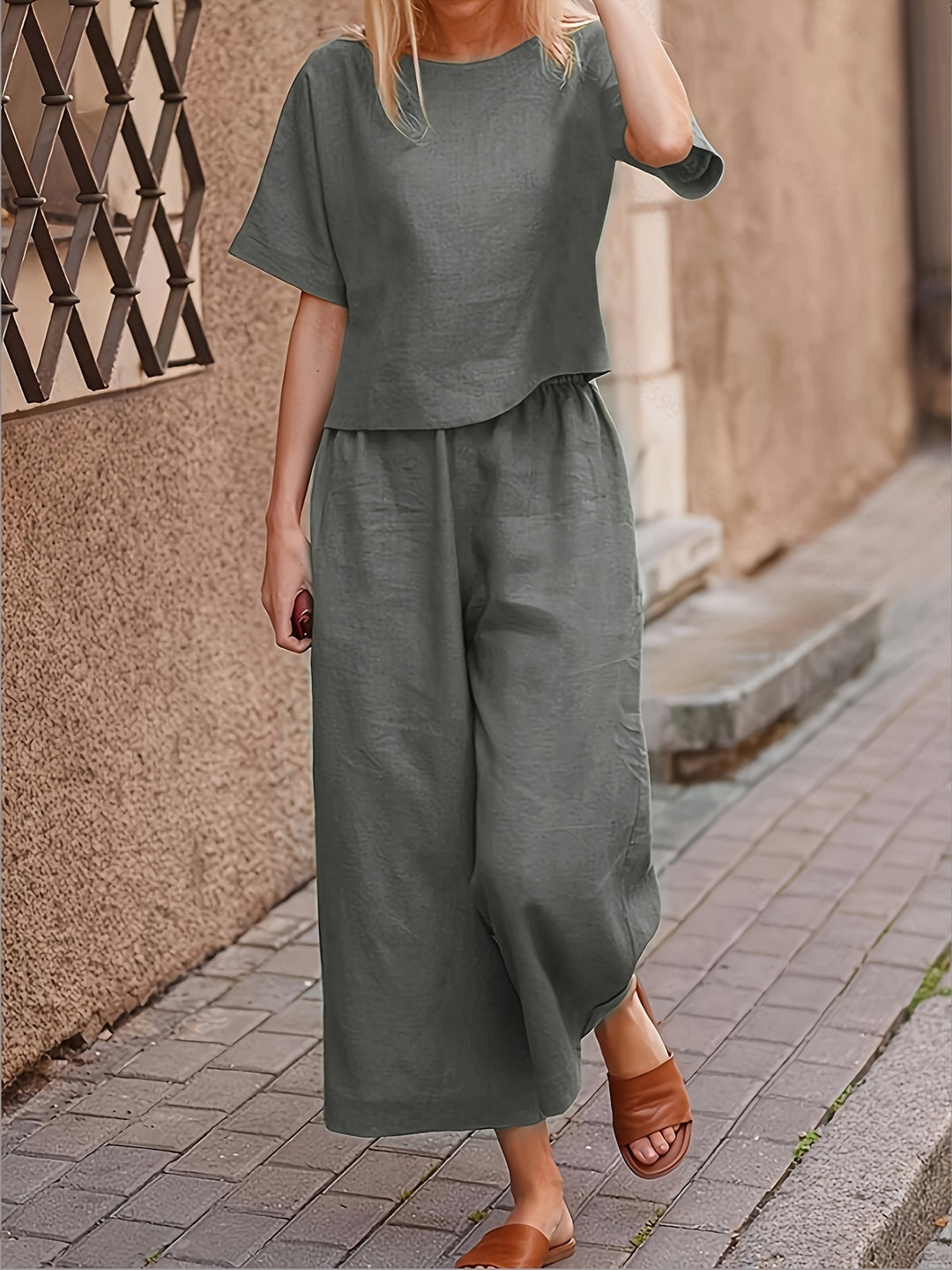 Linen Crew Neck Short Sleeve Top and Wide Leg Pants Set