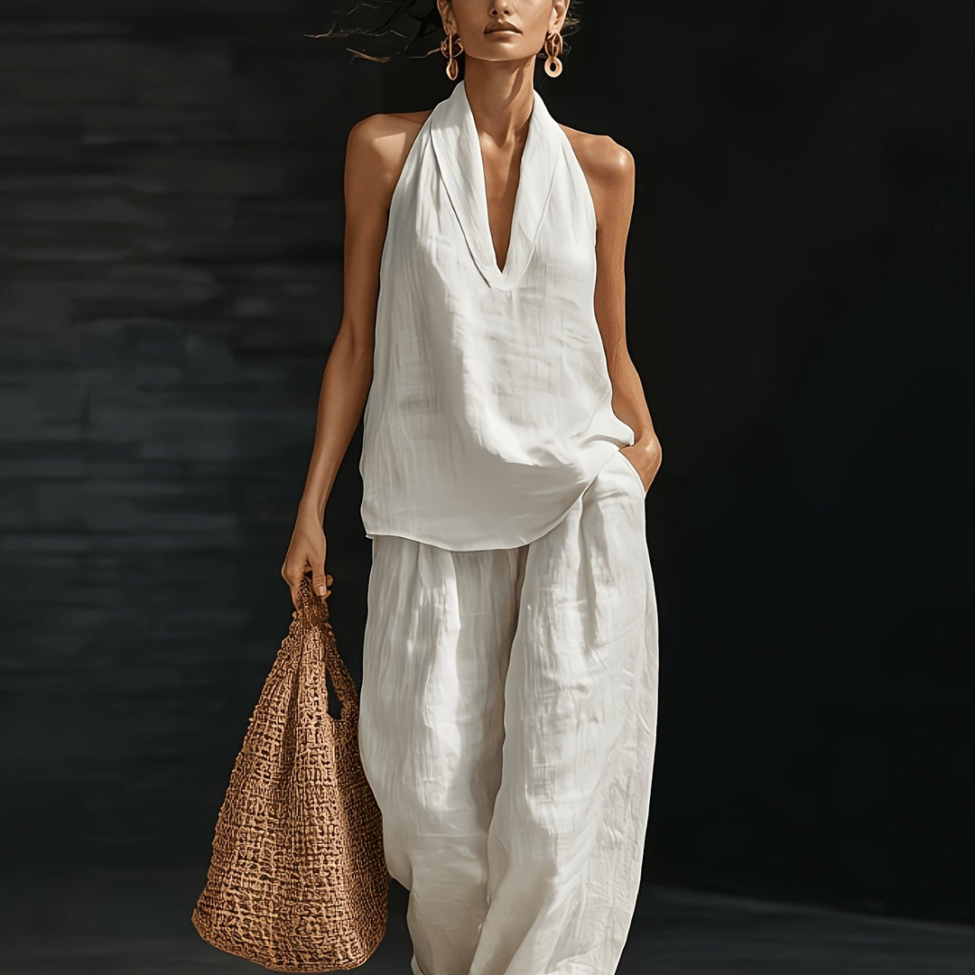 Linen Halter V Neck Backless Top and Wide Leg Pants Set