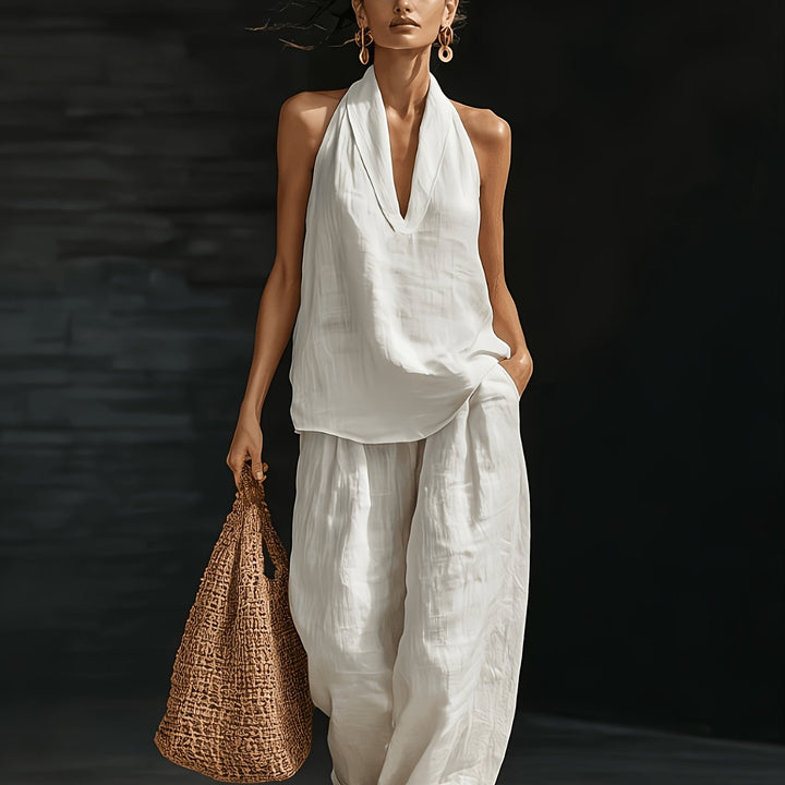 Linen Halter V Neck Backless Top and Wide Leg Pants Set