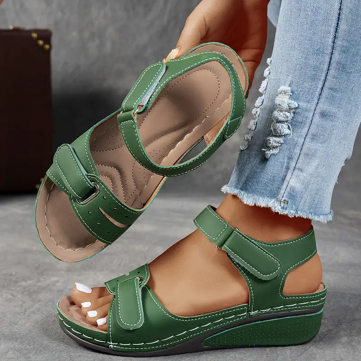 Hook Loop Strap Cushioned Wedge Casual Sandal
