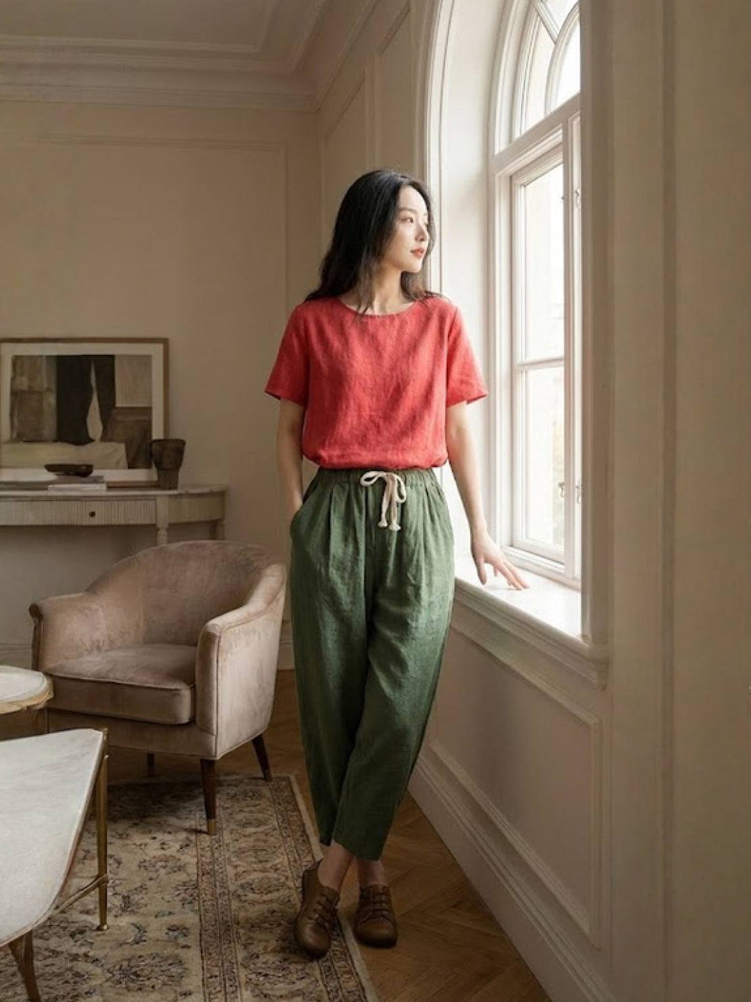 Drawstring Elasticated Waist Cuffed Hem Relaxed Linen Pant