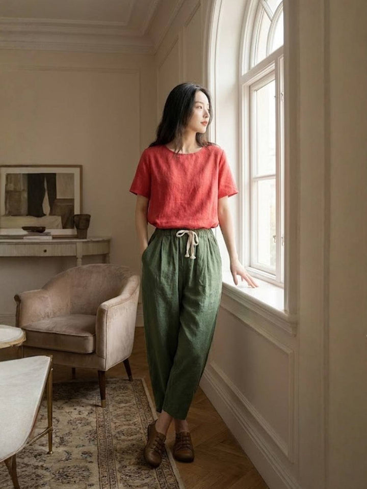 Drawstring Elasticated Waist Cuffed Hem Relaxed Linen Pant