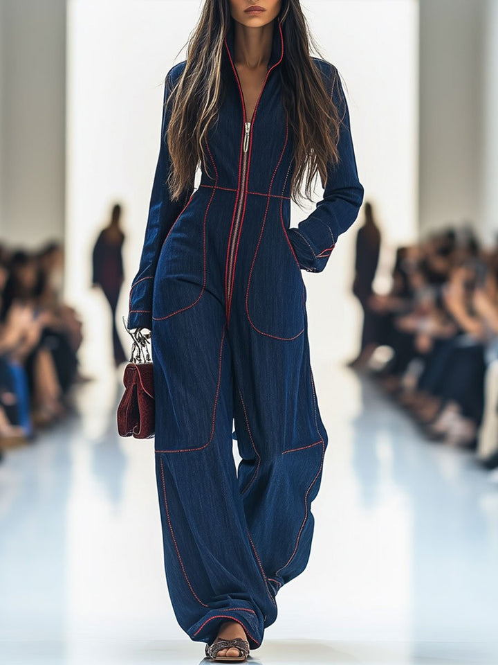 Contrast Stitch Zip Front Long Sleeve Wide Leg Denim Jumpsuit