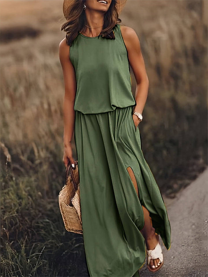 Sleeveless Crew Neck Elasticated Waist Side Slit Casual Maxi Dress