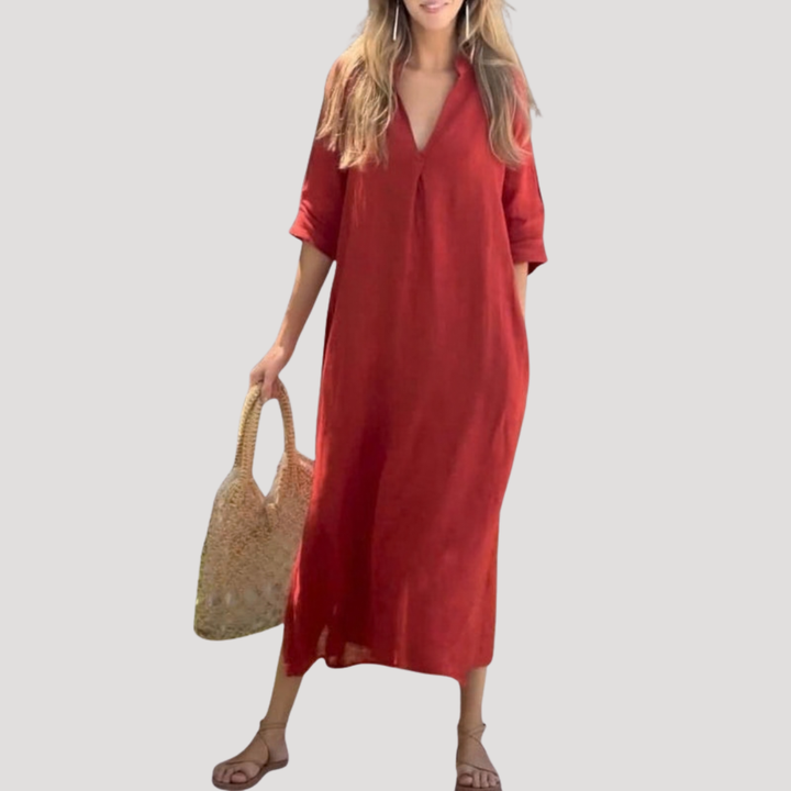 Relaxed V Neck 3/4 Sleeve Linen Casual Midi Dress