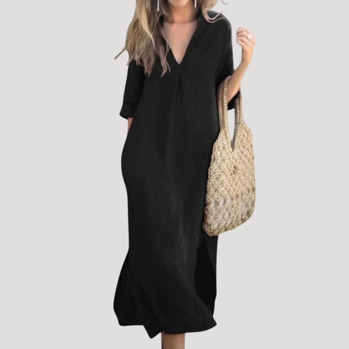 Relaxed V Neck 3/4 Sleeve Linen Casual Midi Dress