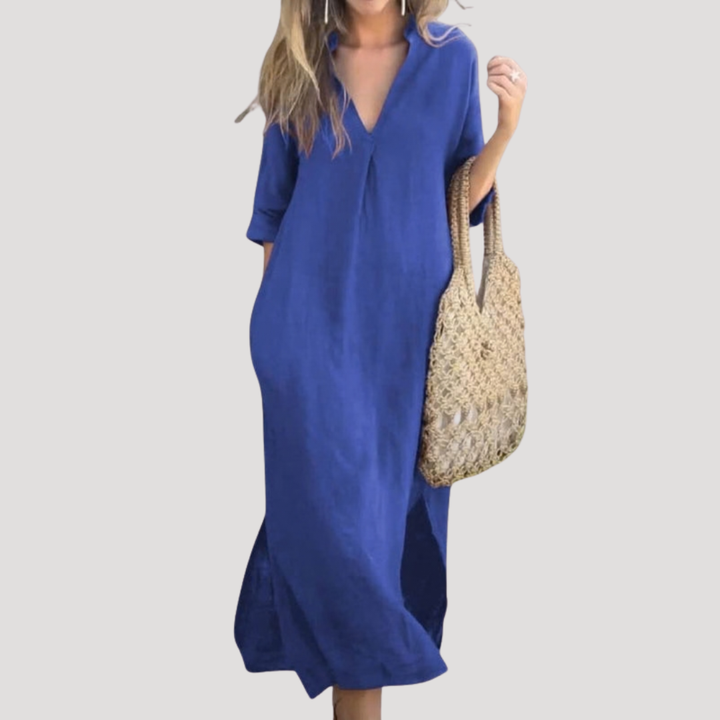 Relaxed V Neck 3/4 Sleeve Linen Casual Midi Dress