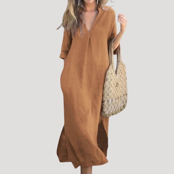 Relaxed V Neck 3/4 Sleeve Linen Casual Midi Dress