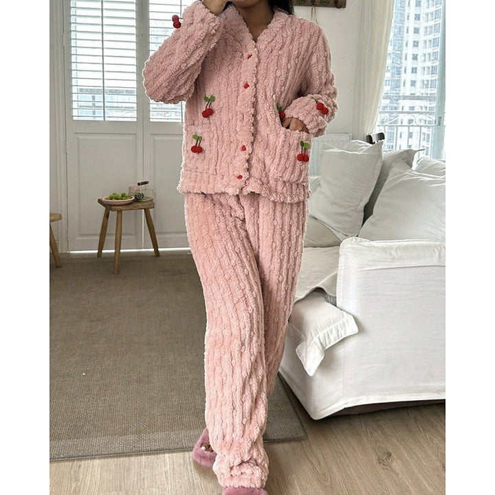 Winnifred | Women's Fuzzy Cherry Print Two-Piece Pajama Set
