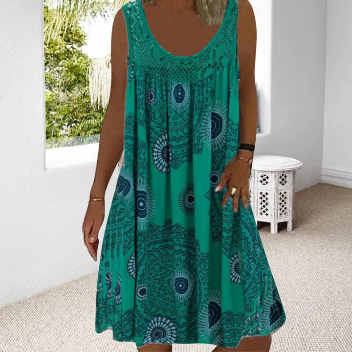Mandala Print Lace Yoke Scoop Neck Sleeveless Boho Midi Dress