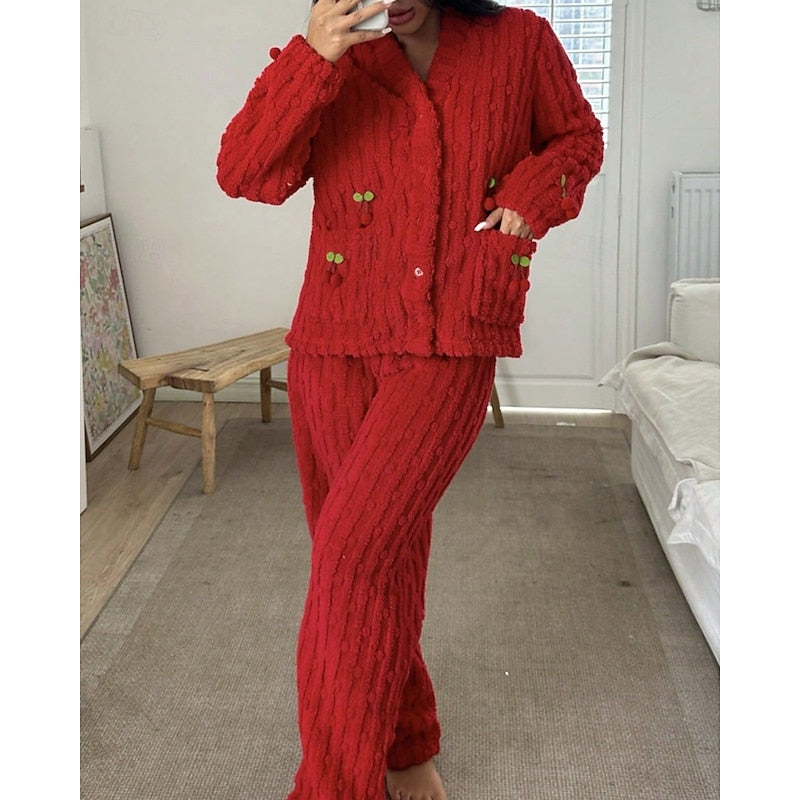 Winnifred | Women's Fuzzy Cherry Print Two-Piece Pajama Set