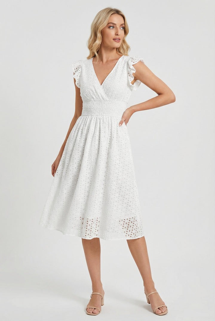 Eyelet Cotton Ruffle Sleeve Smocked Waist A Line Midi Dress