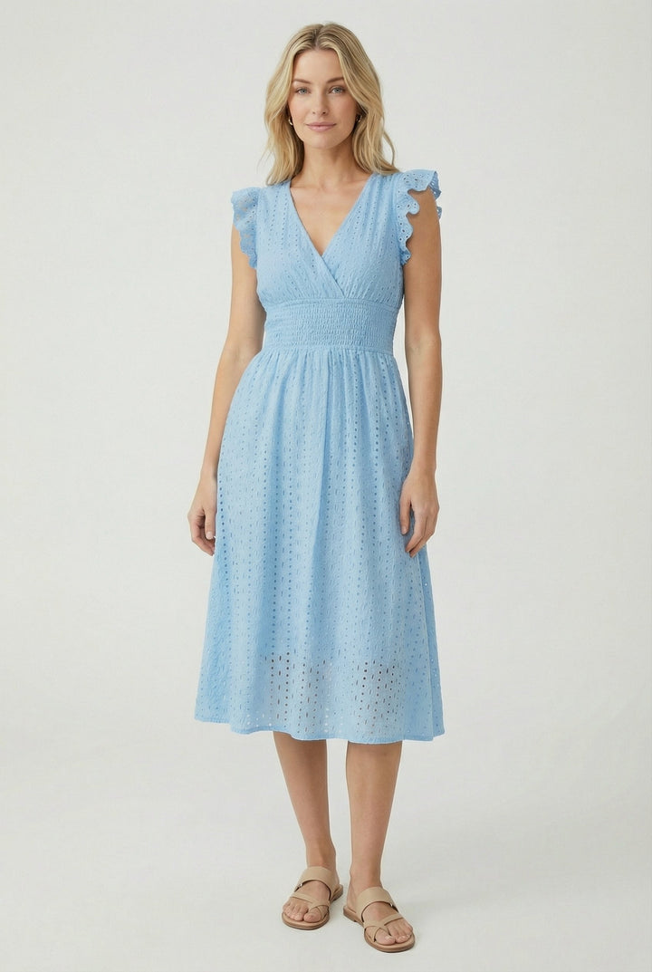 Eyelet Cotton Ruffle Sleeve Smocked Waist A Line Midi Dress